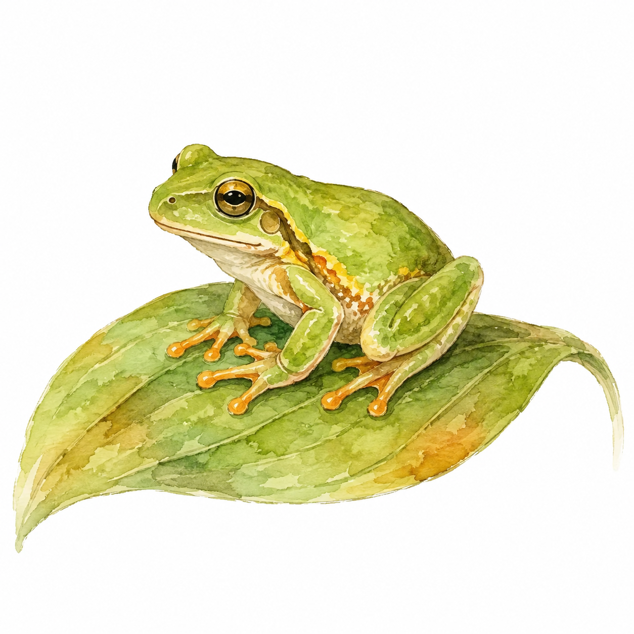A green and orange watercolor frog resting on a leaf
